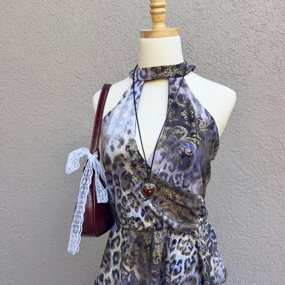VENUS Y2K Leopard Print Gold Halter Peplum Top Size Medium Going Out - Picture 2 of 7